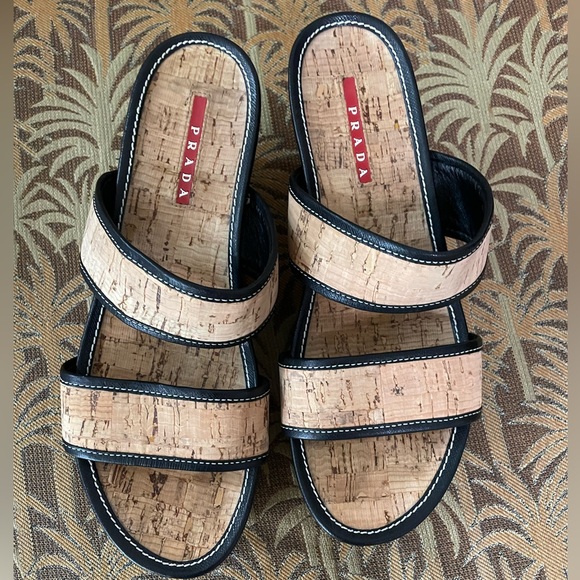 PRADA | Cork Wedge Sandals | Black | Size 37 - Picture 9 of 15